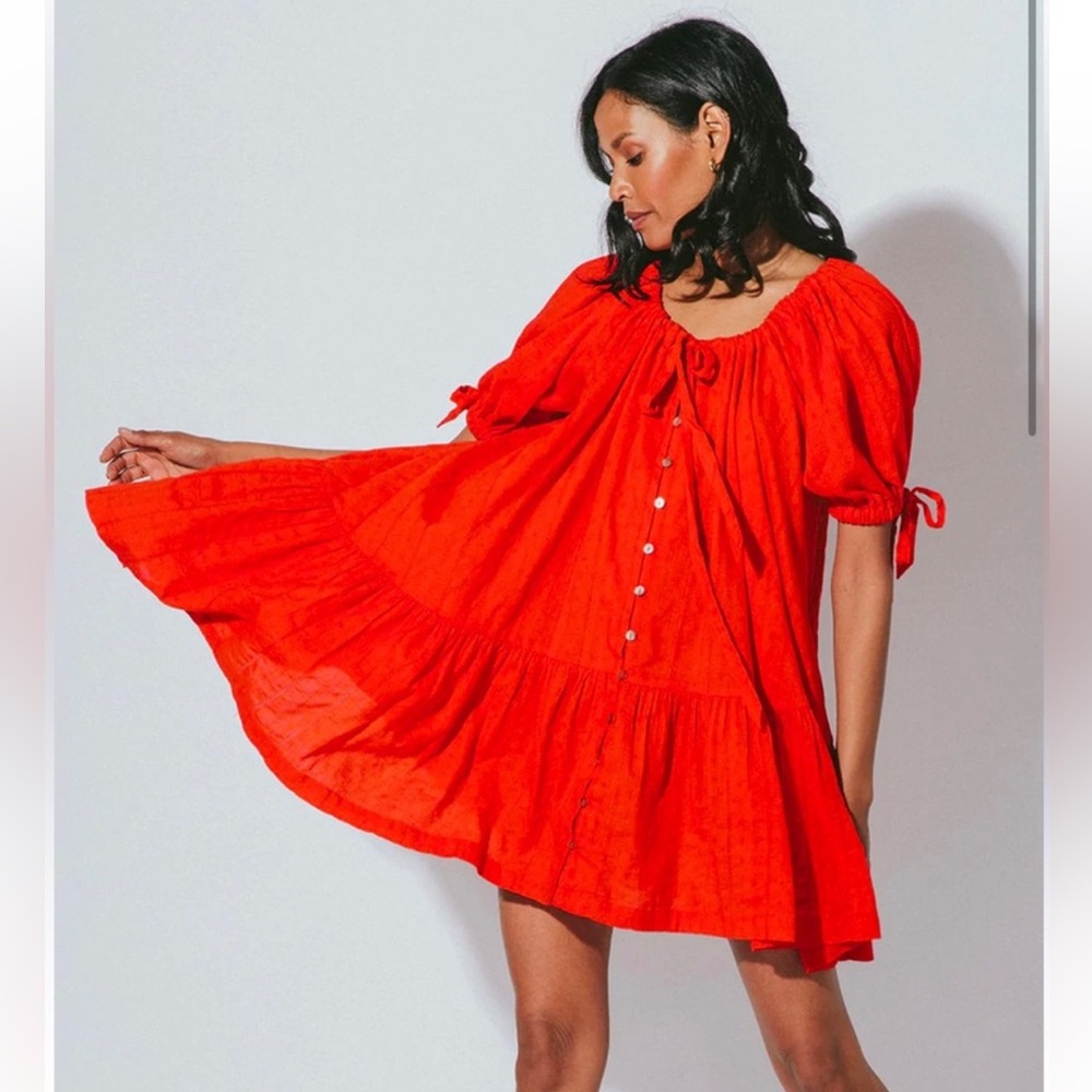 Cleobella Red Mini Dress with Puff Sleeves
